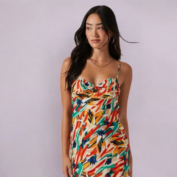 NWT ASTR THE LABEL Mariela Abstract Satin Dress | Orange Multi - Picture 5 of 5